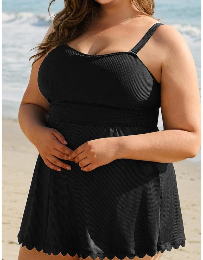 Black Plus Size Textured Scalloped Trim Swim Dress with Panty