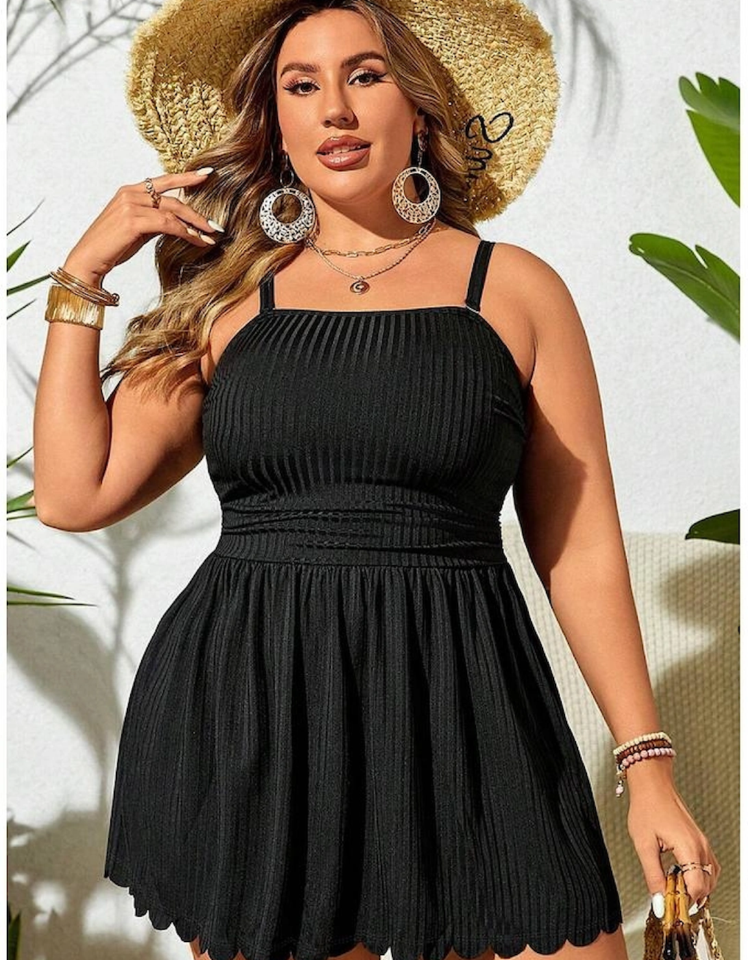 Black Plus Size Textured Scalloped Trim Swim Dress with Panty