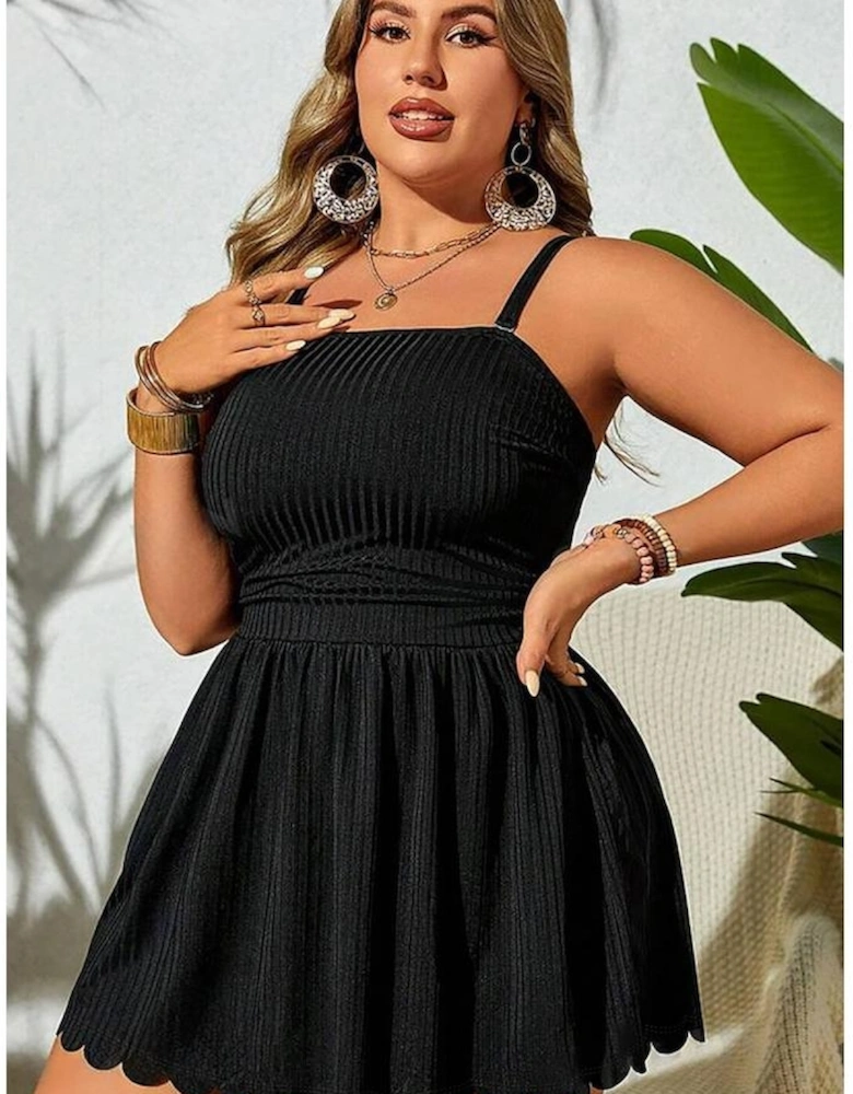 Black Plus Size Textured Scalloped Trim Swim Dress with Panty