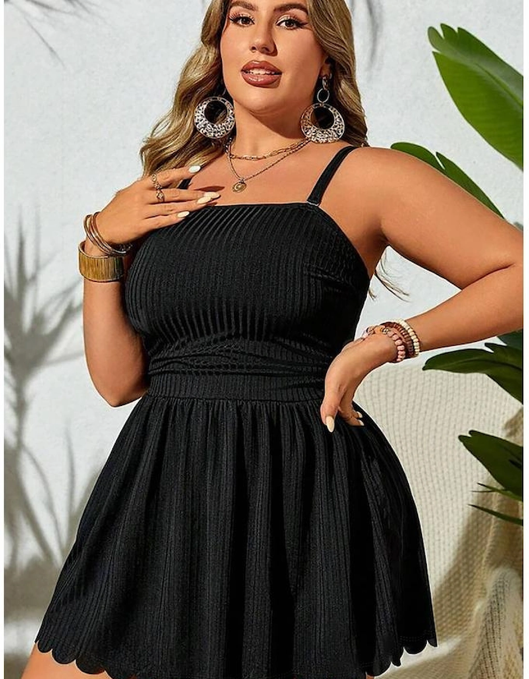 Black Plus Size Textured Scalloped Trim Swim Dress with Panty