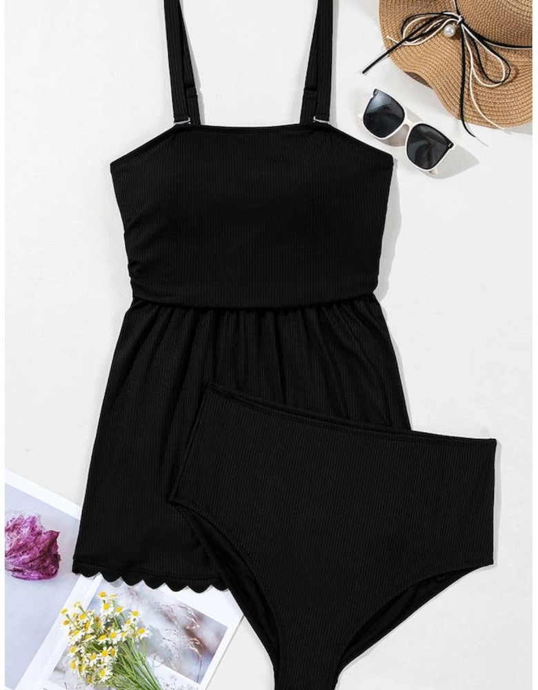 Black Plus Size Textured Scalloped Trim Swim Dress with Panty