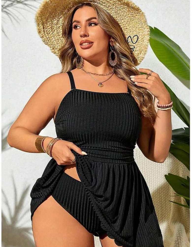 Black Plus Size Textured Scalloped Trim Swim Dress with Panty