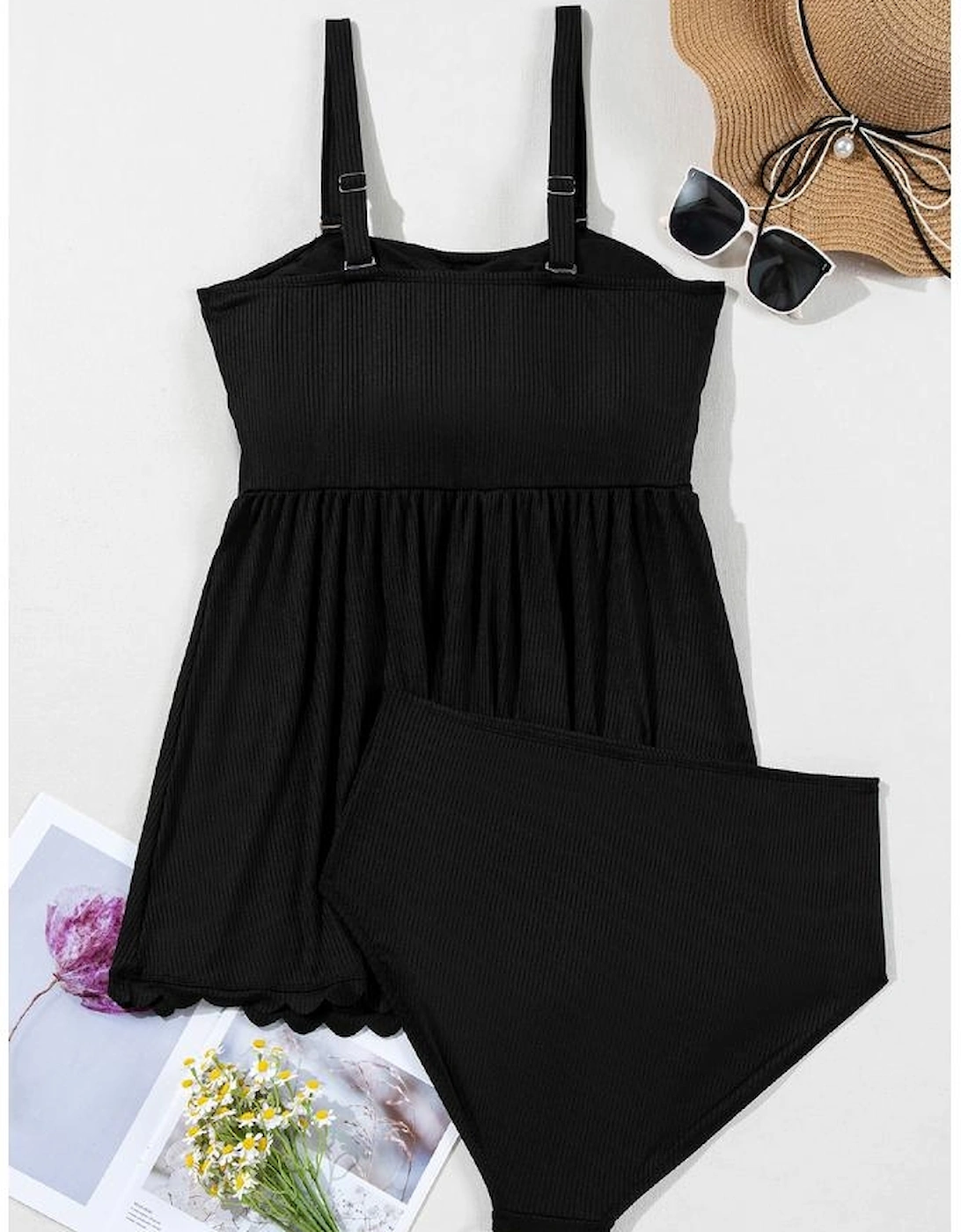 Black Plus Size Textured Scalloped Trim Swim Dress with Panty