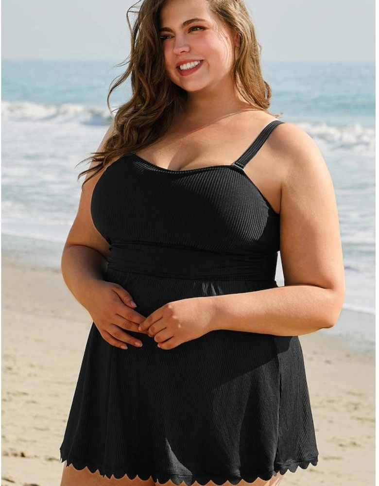 Black Plus Size Textured Scalloped Trim Swim Dress with Panty