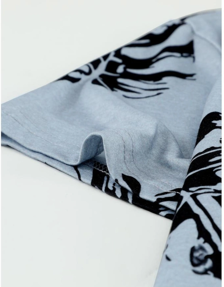 Gray Crew Neck Tropical Plants Print T-shirt