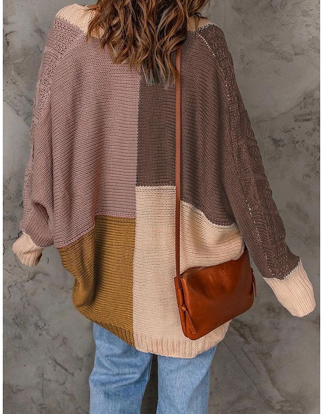 Brown Color Block Loose Open Front Knitted Cardigan
