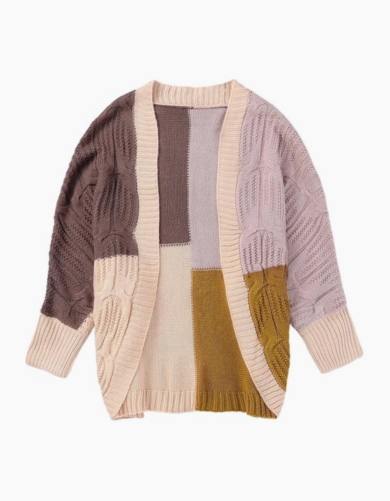 Brown Color Block Loose Open Front Knitted Cardigan