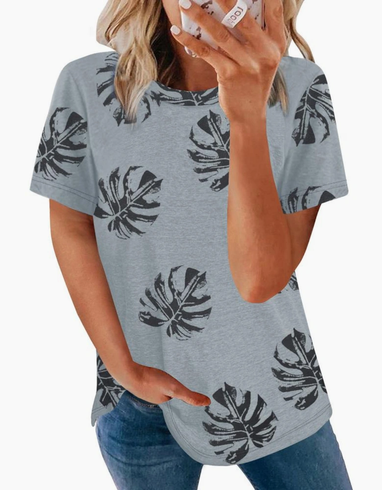 Gray Crew Neck Tropical Plants Print T-shirt