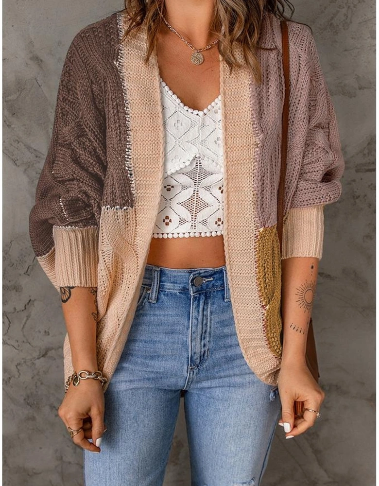 Brown Color Block Loose Open Front Knitted Cardigan