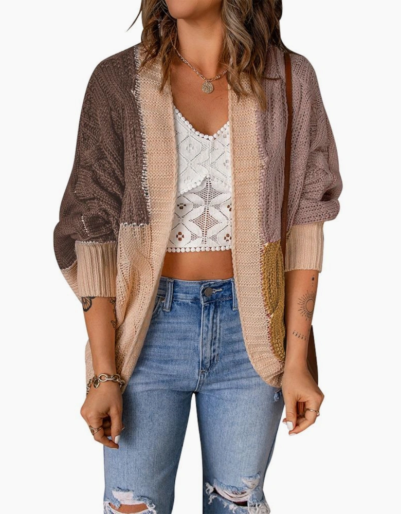 Brown Color Block Loose Open Front Knitted Cardigan