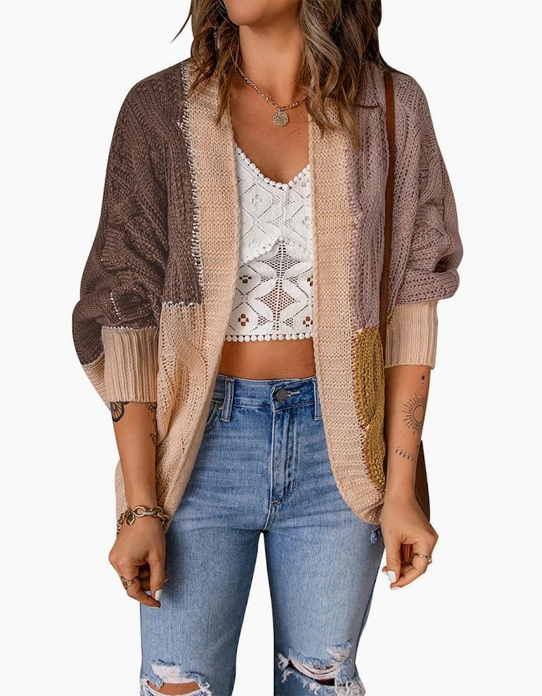 Brown Color Block Loose Open Front Knitted Cardigan