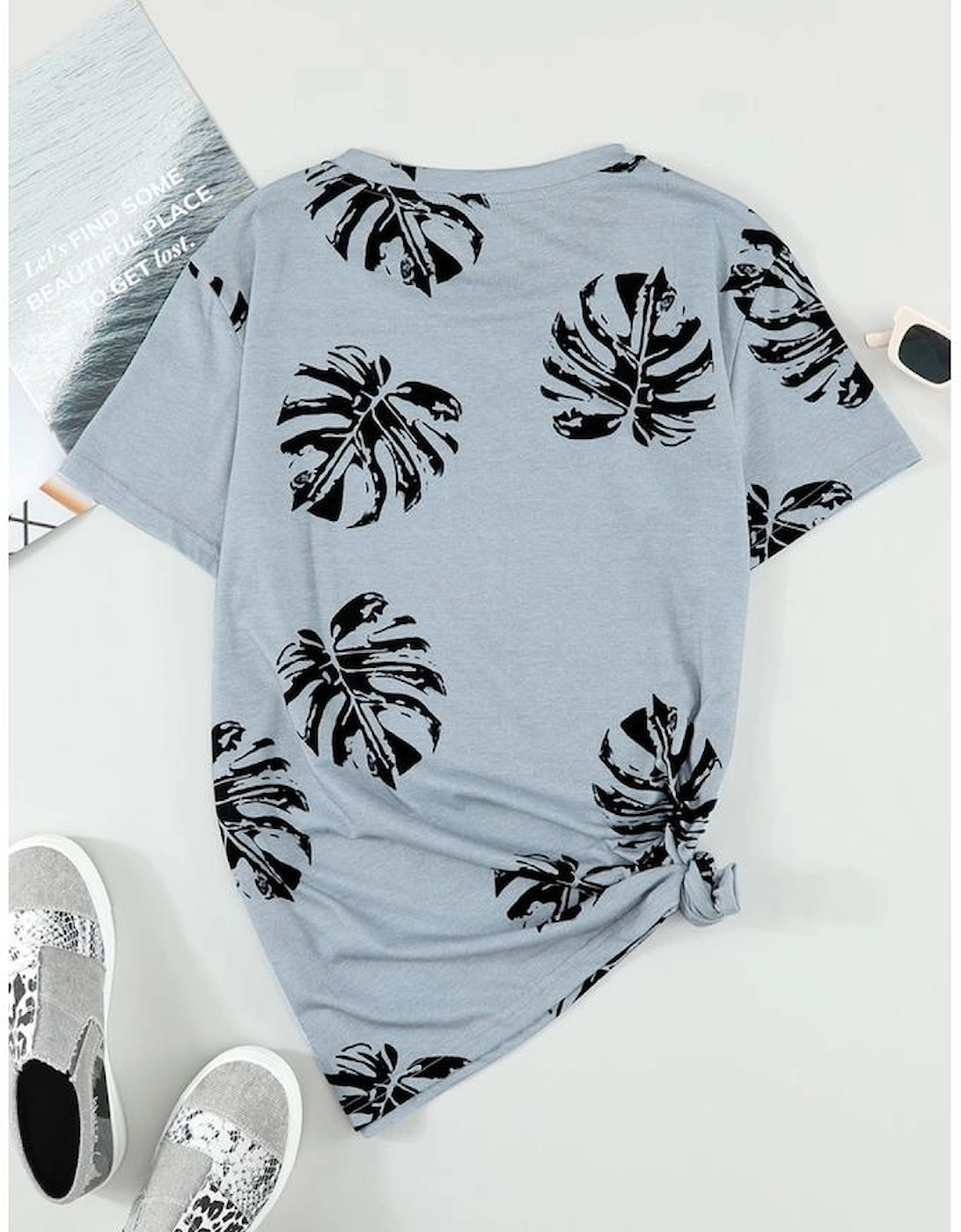 Gray Crew Neck Tropical Plants Print T-shirt