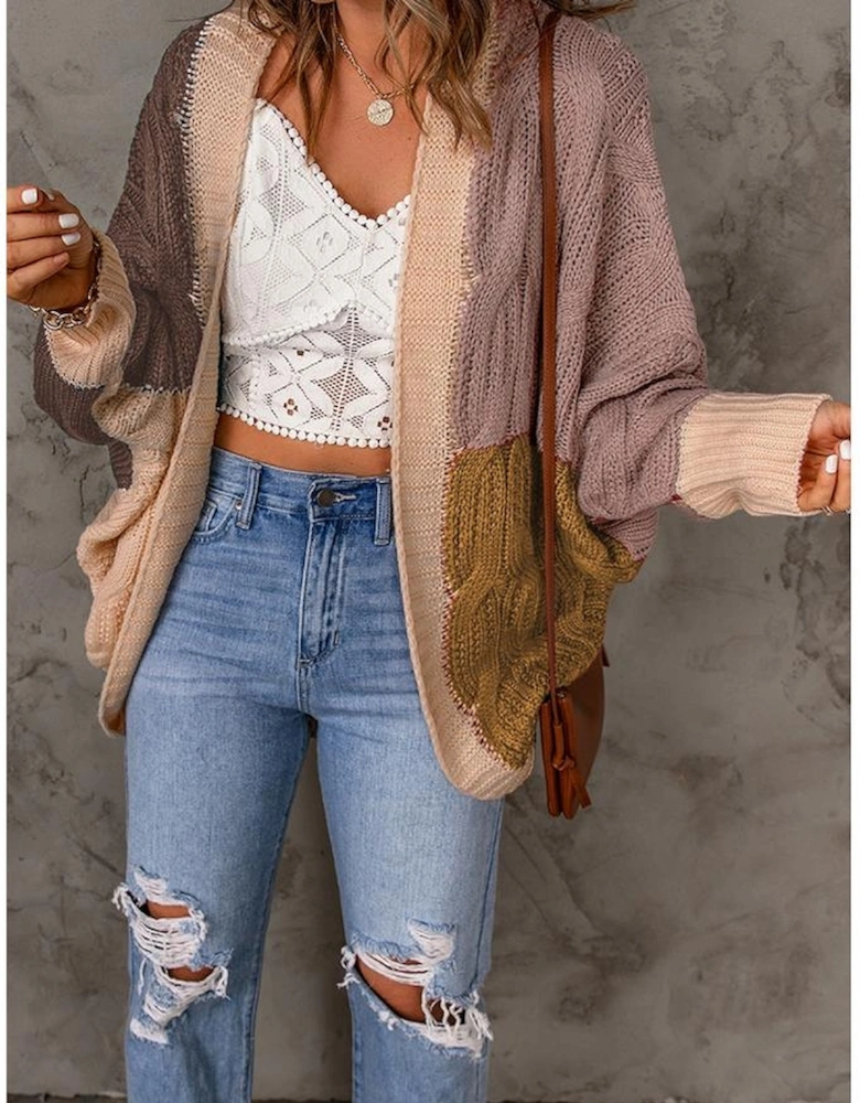 Brown Color Block Loose Open Front Knitted Cardigan