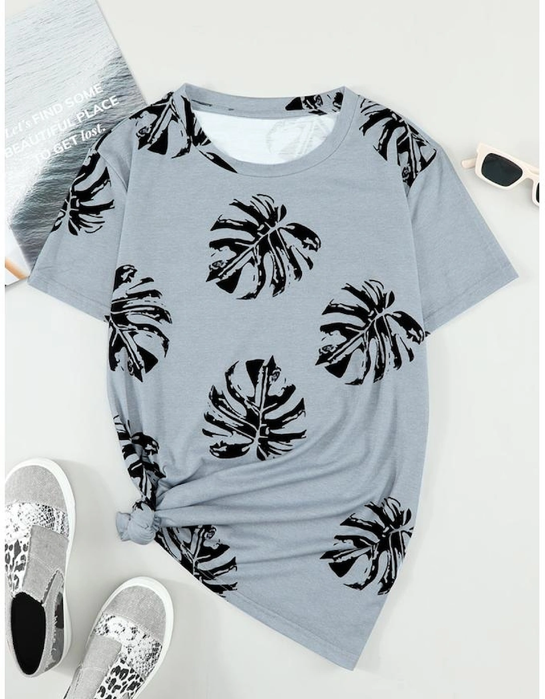 Gray Crew Neck Tropical Plants Print T-shirt