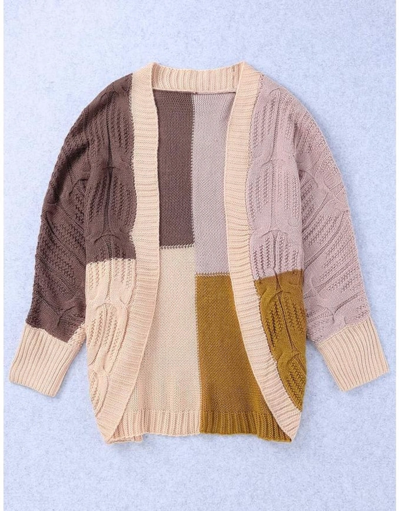 Brown Color Block Loose Open Front Knitted Cardigan