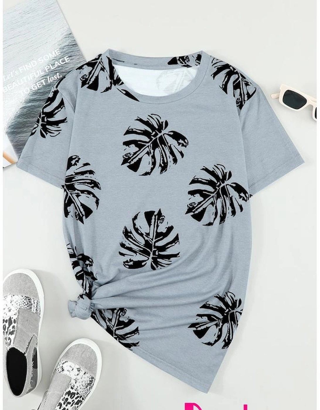 Gray Crew Neck Tropical Plants Print T-shirt