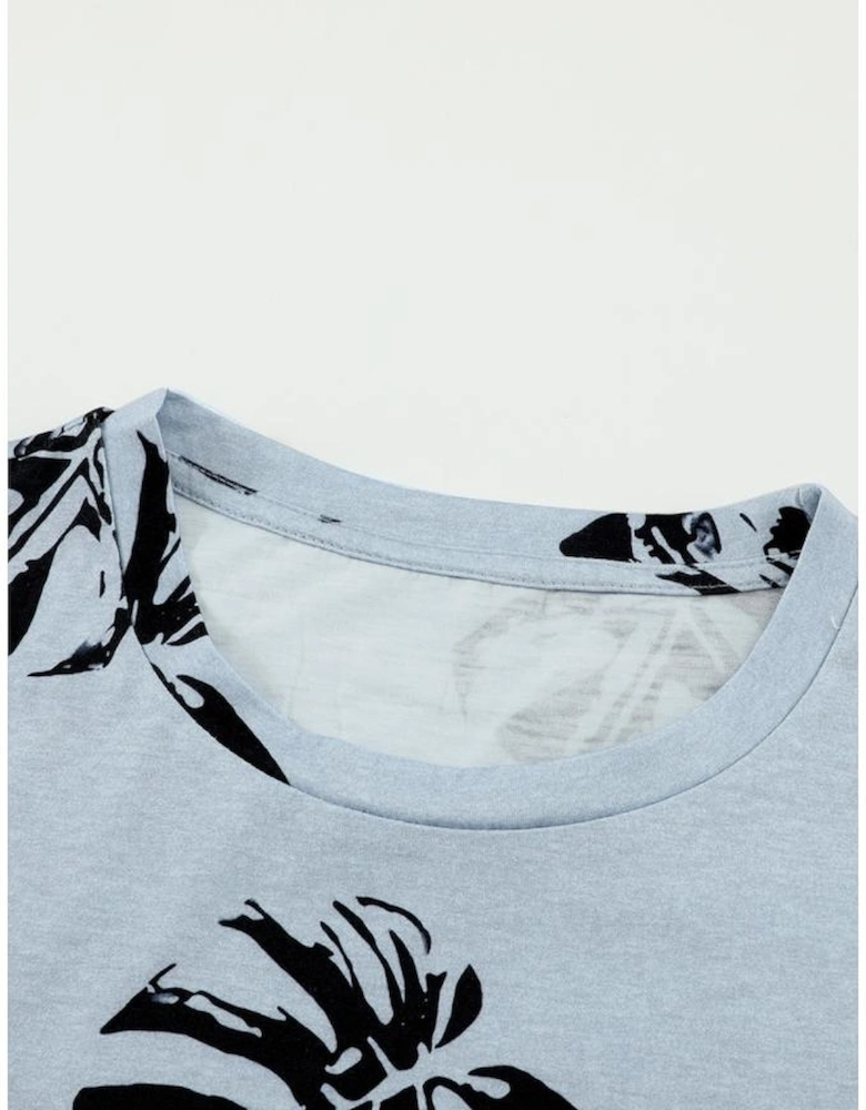 Gray Crew Neck Tropical Plants Print T-shirt
