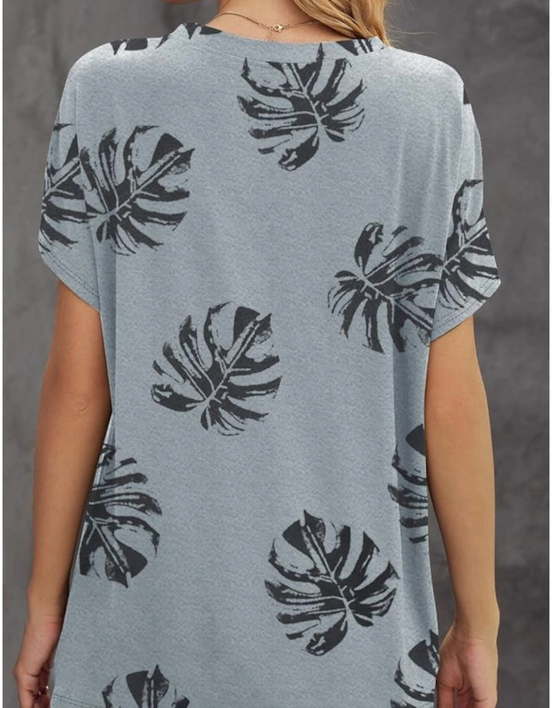 Gray Crew Neck Tropical Plants Print T-shirt