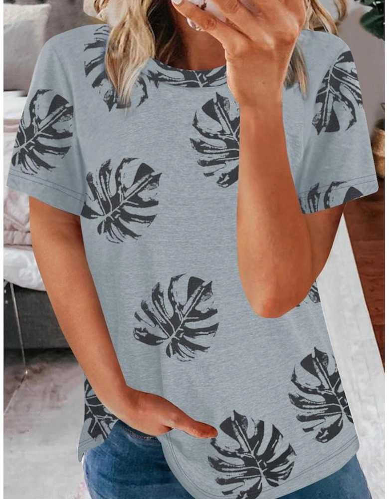 Gray Crew Neck Tropical Plants Print T-shirt