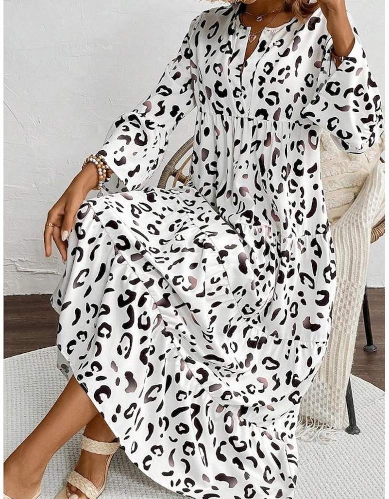 White Leopard Print Notch V Neck Loose Fit Maxi Dress