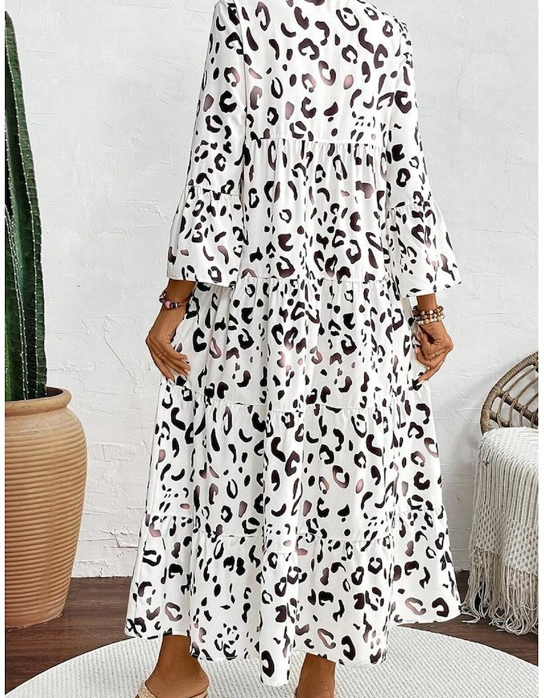 White Leopard Print Notch V Neck Loose Fit Maxi Dress