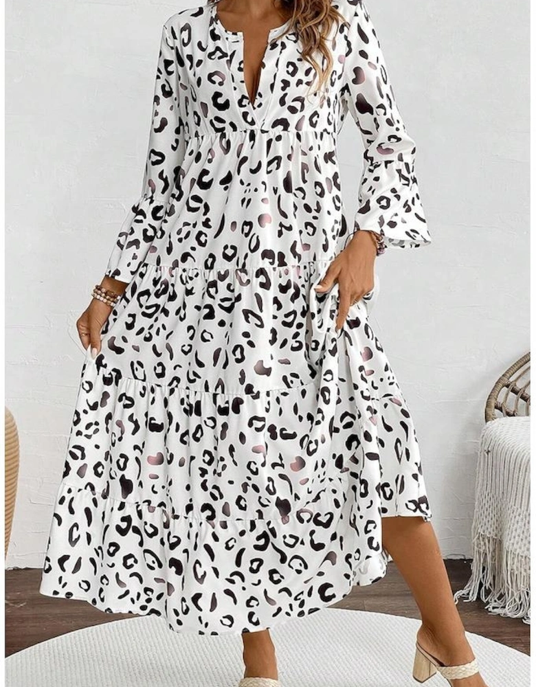 White Leopard Print Notch V Neck Loose Fit Maxi Dress