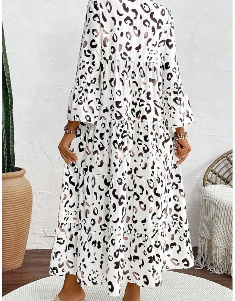 White Leopard Print Notch V Neck Loose Fit Maxi Dress
