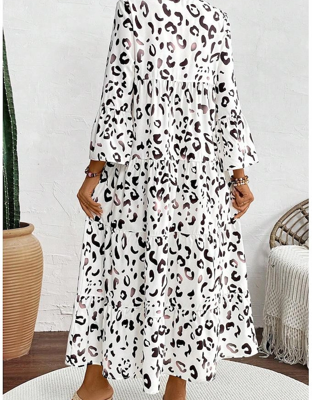 White Leopard Print Notch V Neck Loose Fit Maxi Dress