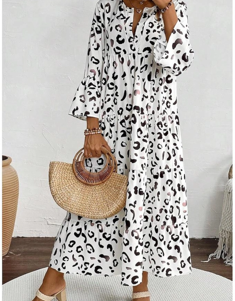 White Leopard Print Notch V Neck Loose Fit Maxi Dress