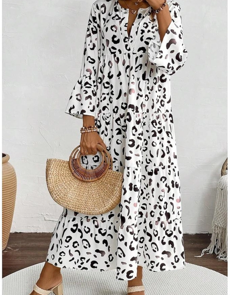 White Leopard Print Notch V Neck Loose Fit Maxi Dress
