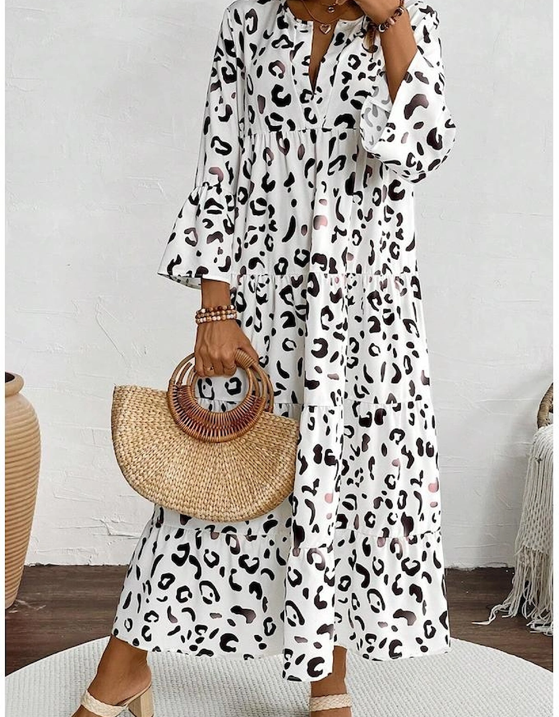 White Leopard Print Notch V Neck Loose Fit Maxi Dress