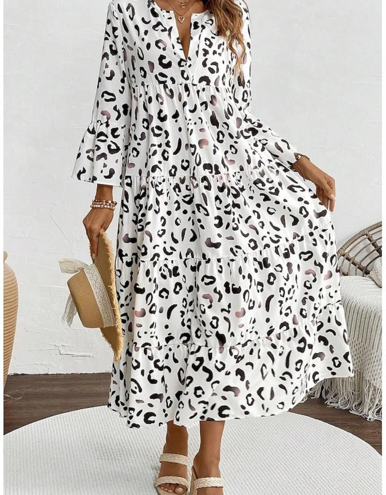 White Leopard Print Notch V Neck Loose Fit Maxi Dress