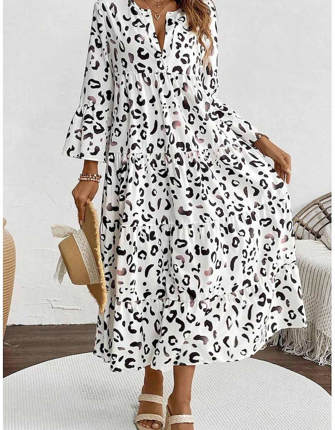 White Leopard Print Notch V Neck Loose Fit Maxi Dress