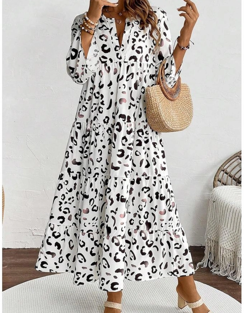 White Leopard Print Notch V Neck Loose Fit Maxi Dress