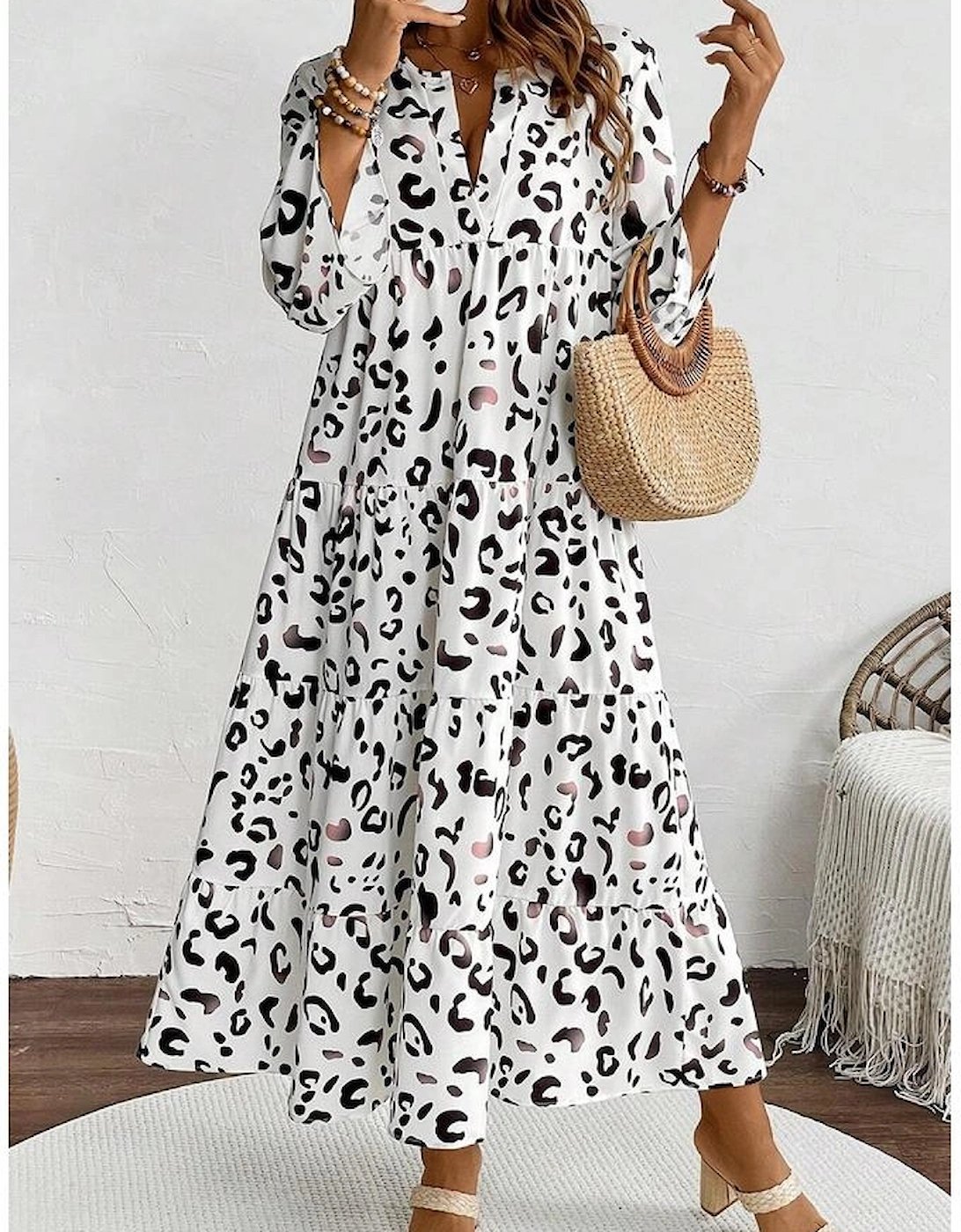 White Leopard Print Notch V Neck Loose Fit Maxi Dress, 13 of 12