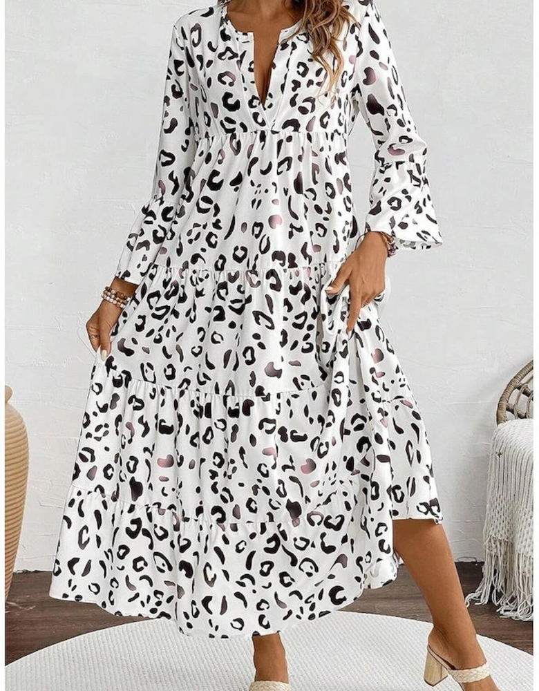 White Leopard Print Notch V Neck Loose Fit Maxi Dress