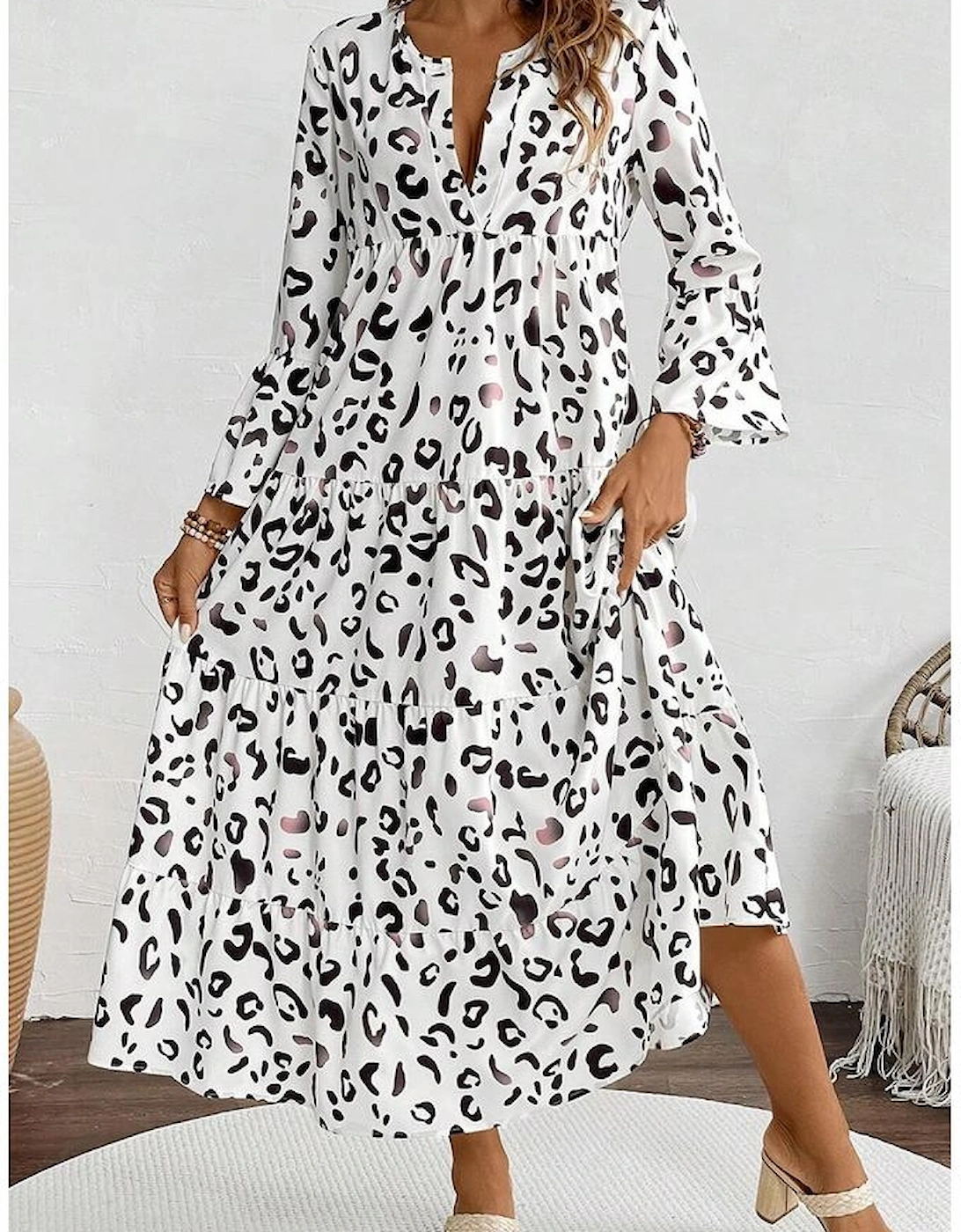 White Leopard Print Notch V Neck Loose Fit Maxi Dress