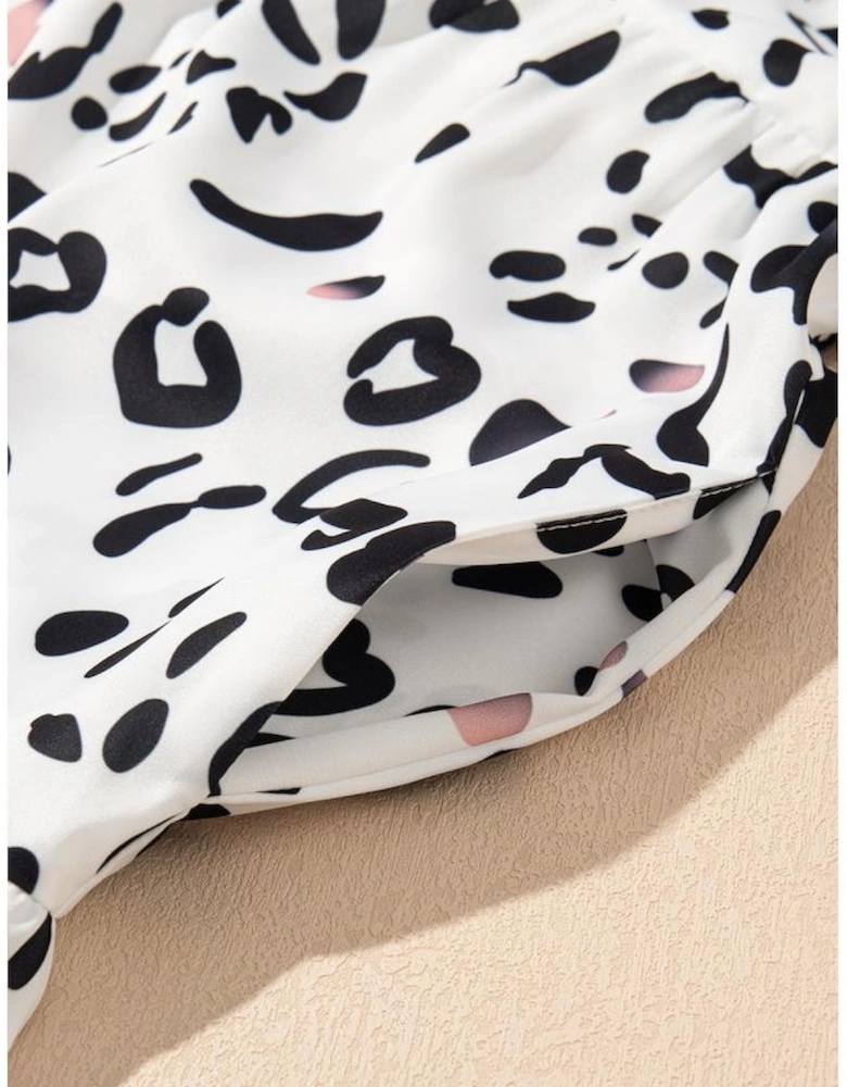 White Leopard Print Notch V Neck Loose Fit Maxi Dress