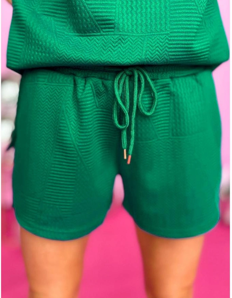 Dark Green Textured Ruffle Split Top and Drawstring Shorts
