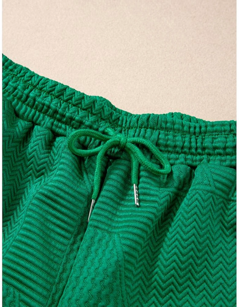 Dark Green Textured Ruffle Split Top and Drawstring Shorts