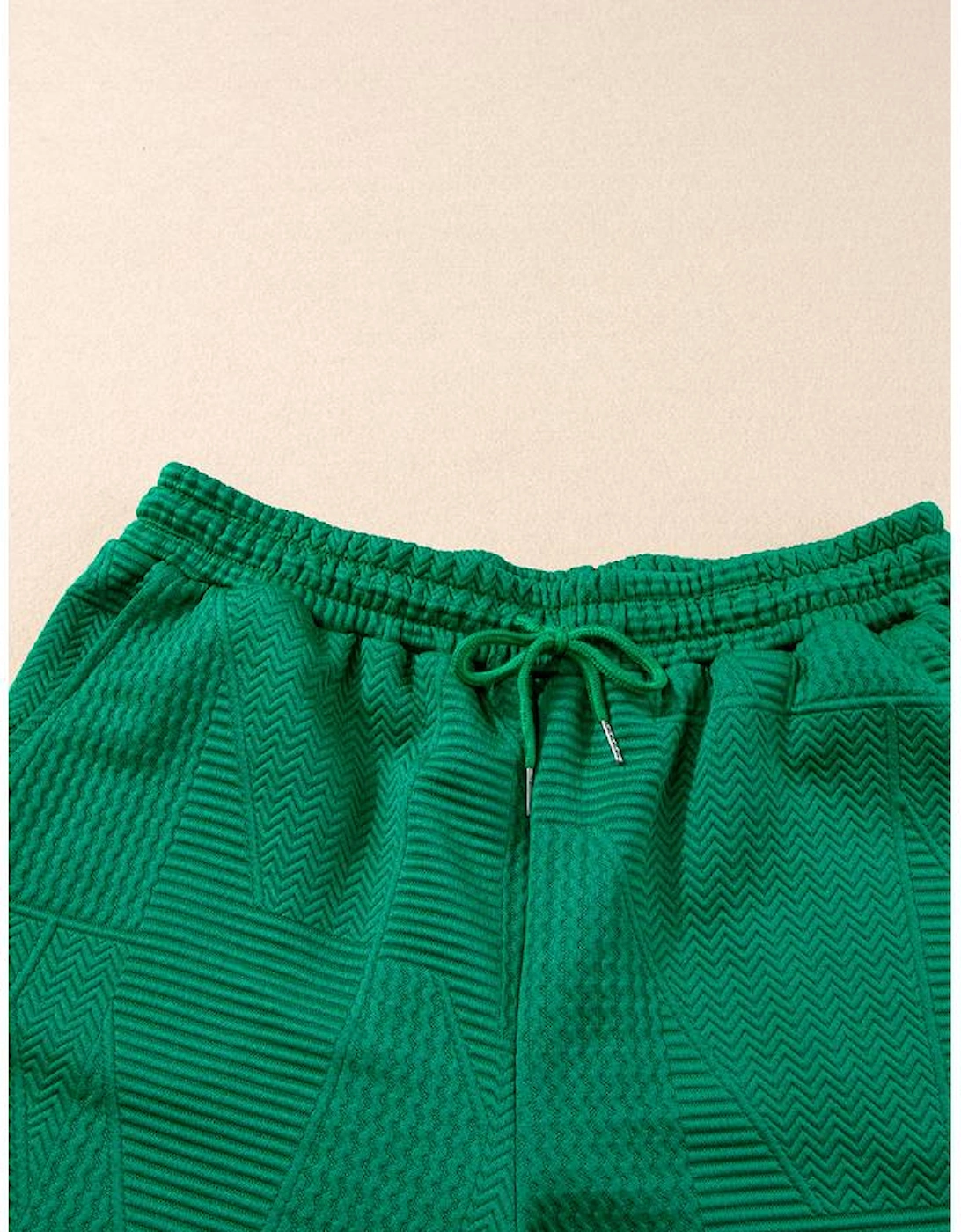 Dark Green Textured Ruffle Split Top and Drawstring Shorts