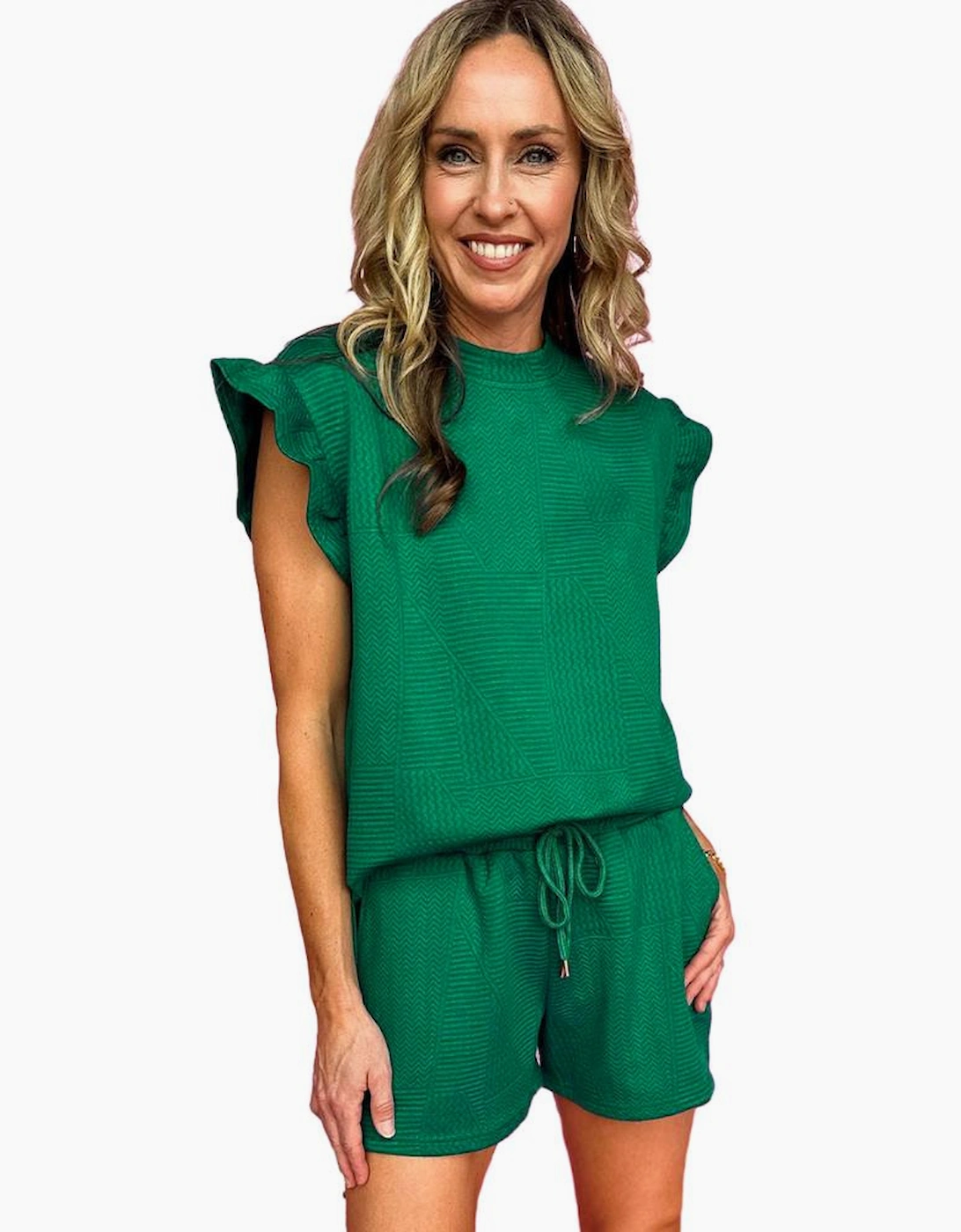 Dark Green Textured Ruffle Split Top and Drawstring Shorts