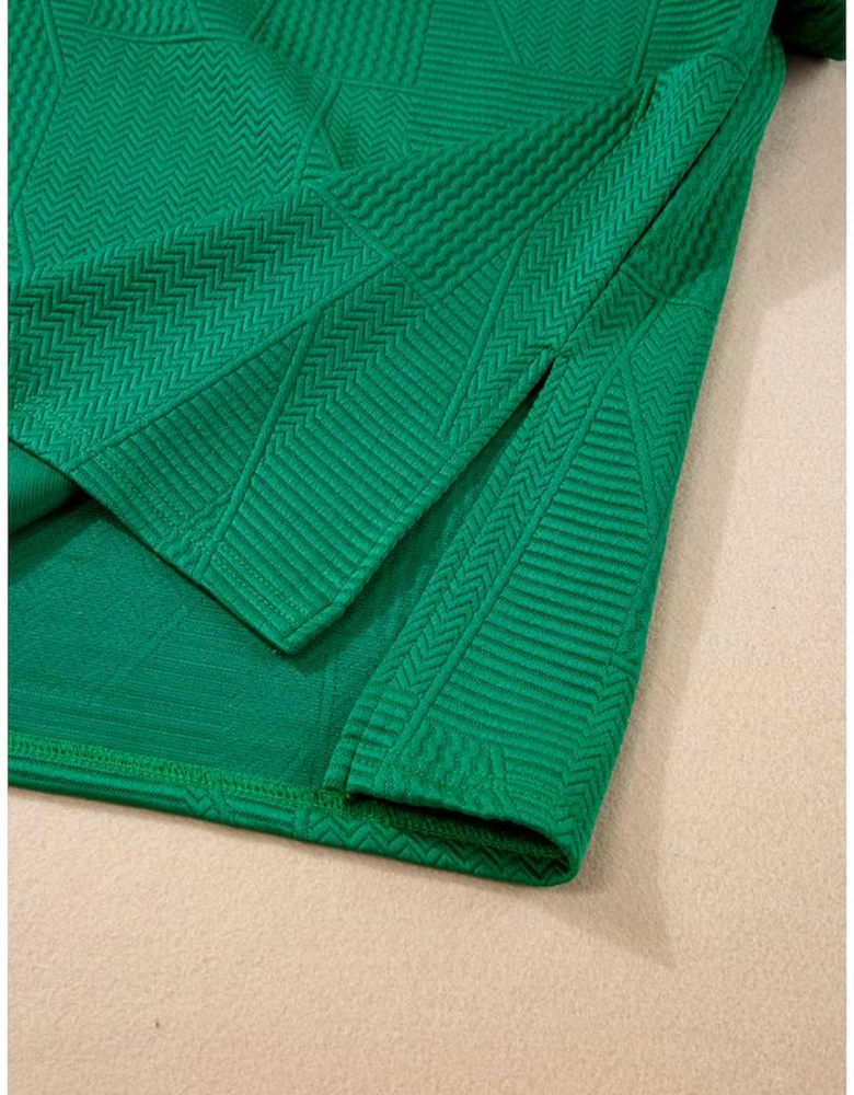 Dark Green Textured Ruffle Split Top and Drawstring Shorts