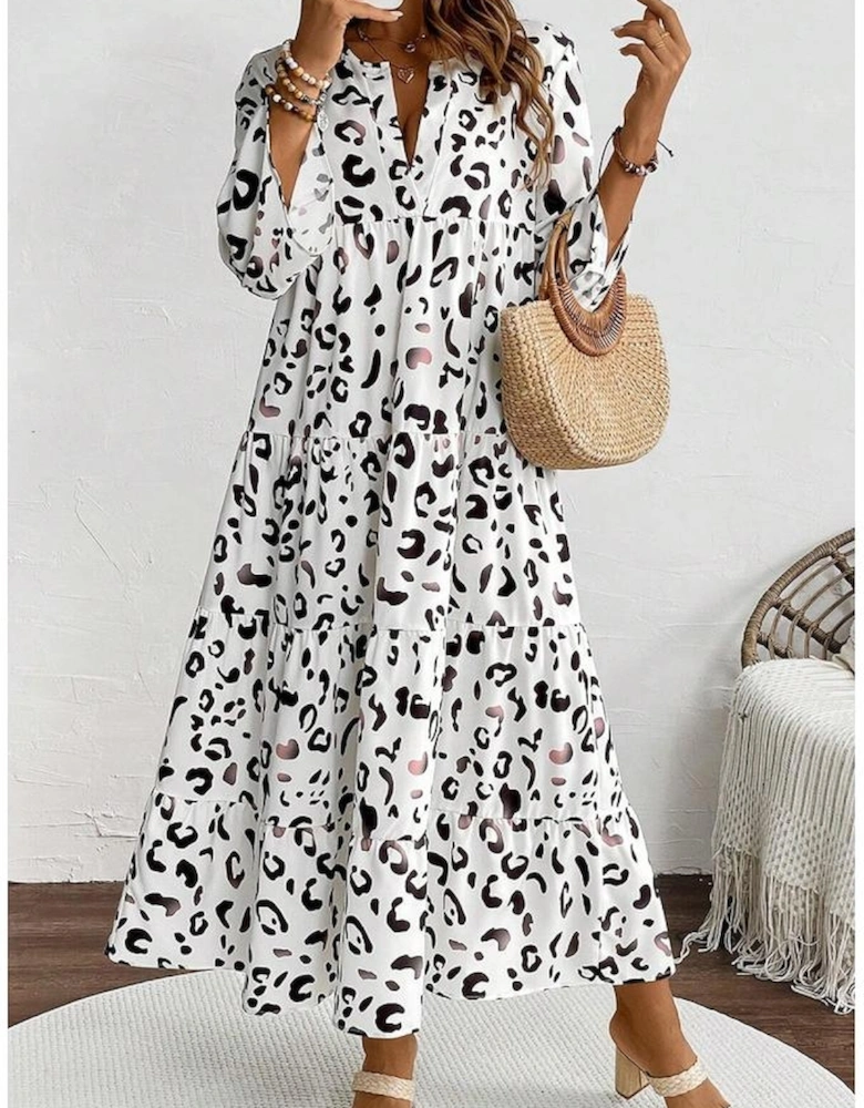 White Leopard Print Notch V Neck Loose Fit Maxi Dress