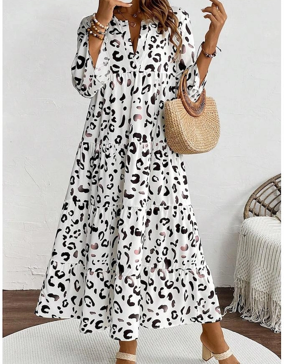 White Leopard Print Notch V Neck Loose Fit Maxi Dress