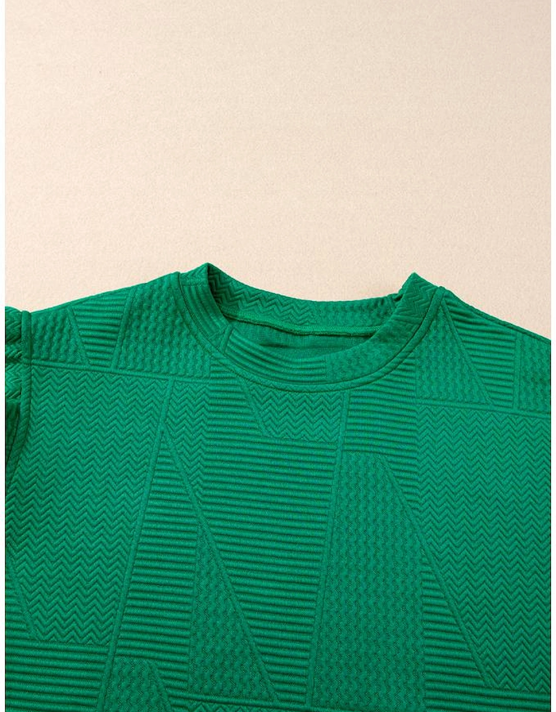 Dark Green Textured Ruffle Split Top and Drawstring Shorts