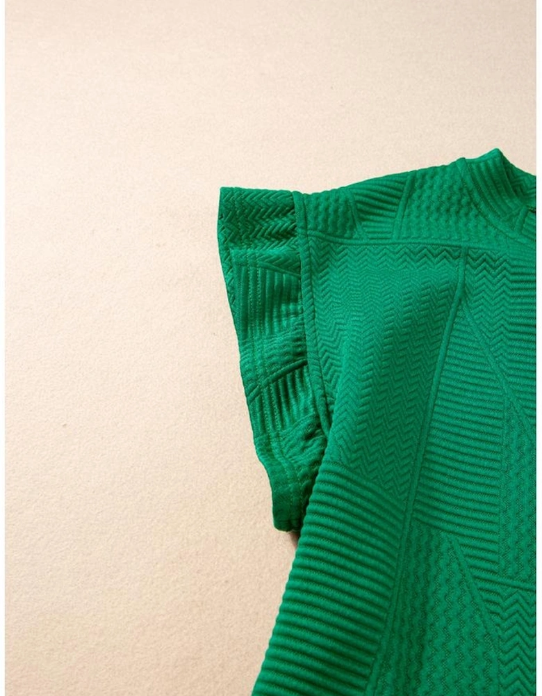 Dark Green Textured Ruffle Split Top and Drawstring Shorts