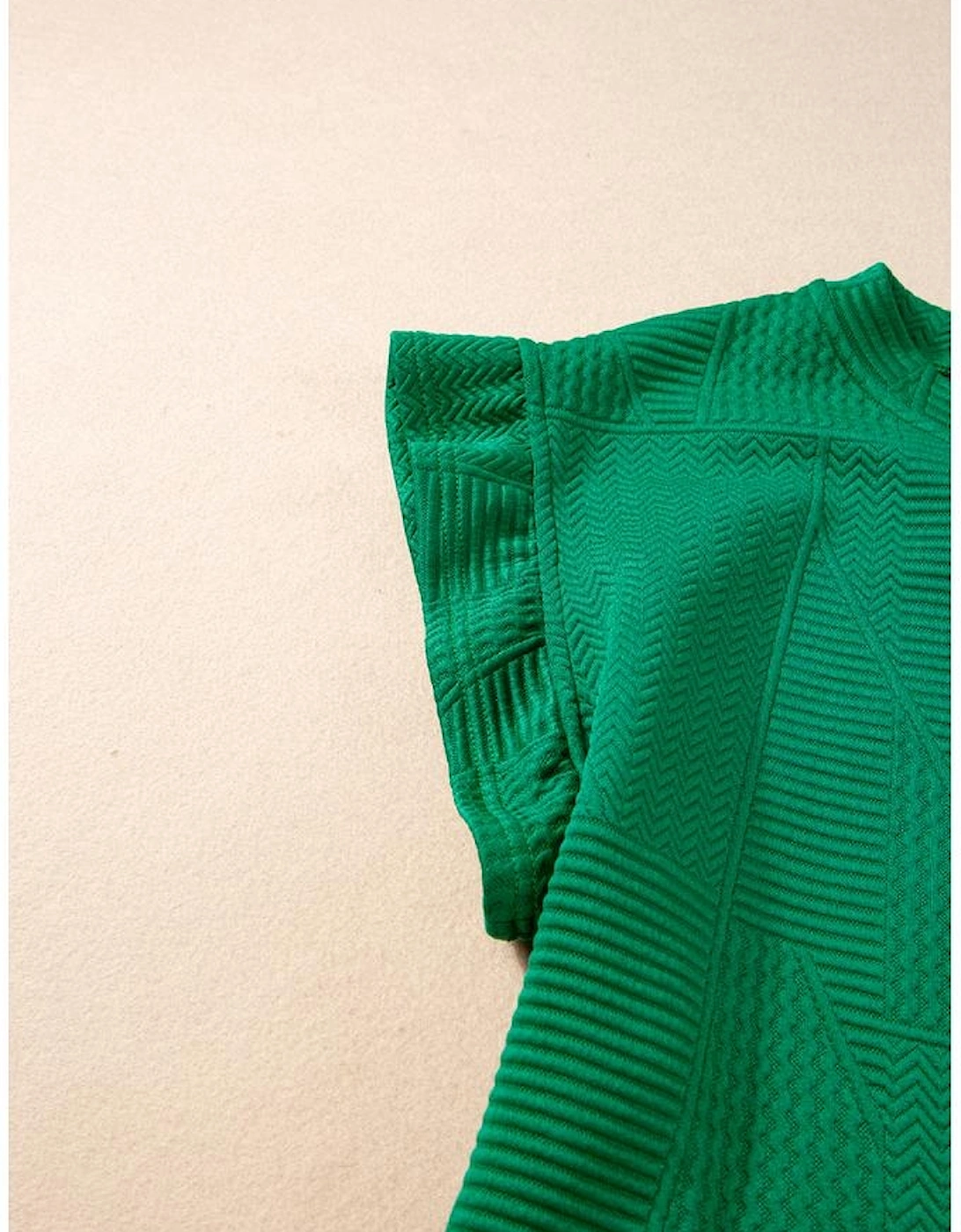 Dark Green Textured Ruffle Split Top and Drawstring Shorts