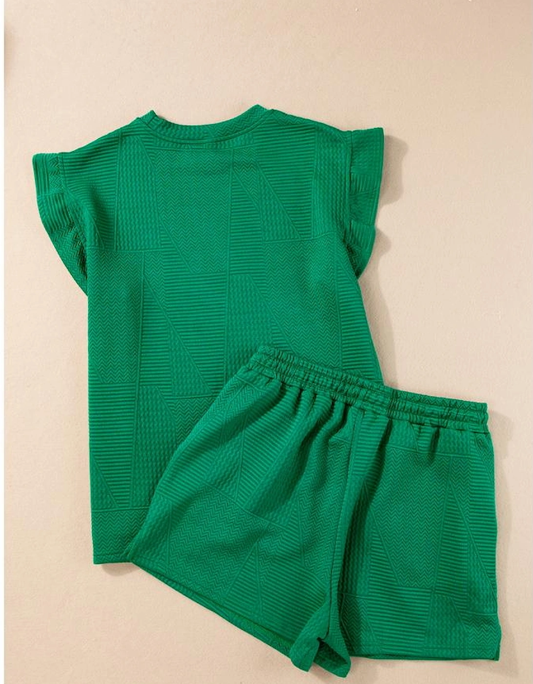 Dark Green Textured Ruffle Split Top and Drawstring Shorts