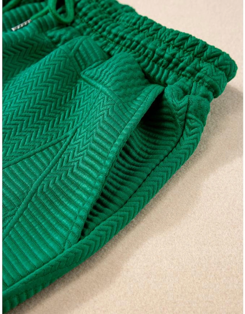 Dark Green Textured Ruffle Split Top and Drawstring Shorts